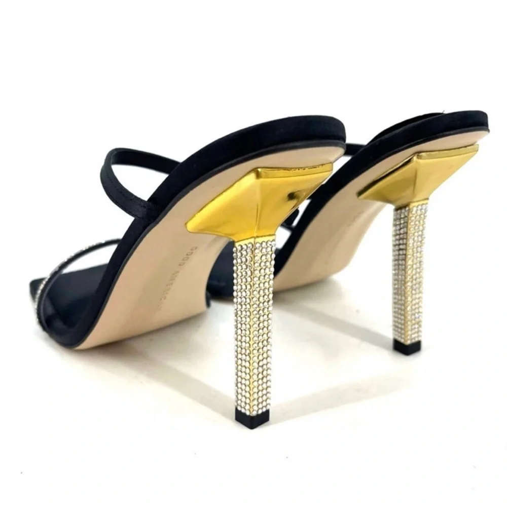 GOOD AMERICAN Open Square Toe Rhinestone Strappy Heels Black Satin Size 5.5 NIB‎ - Picture 2 of 10